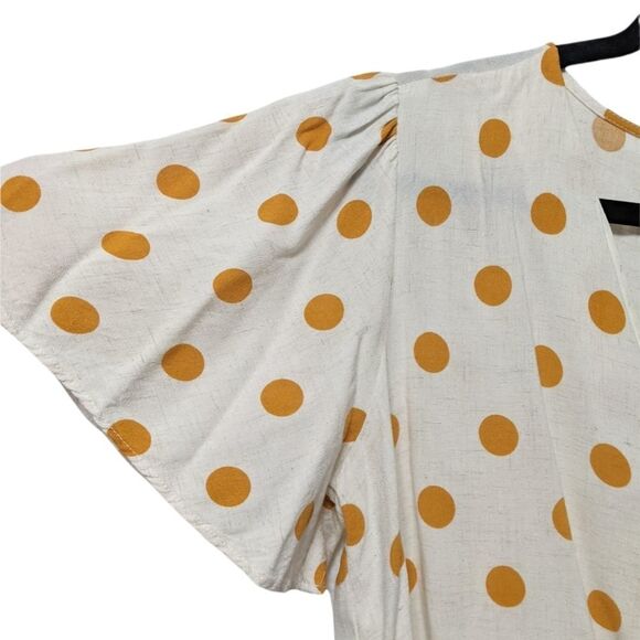 LUMIERE Linen Polka Dot Flutter Sleeve Crop Top L - Picture 2 of 6